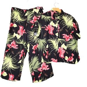 Kaua'iana Hawaii Tropical Hibiscus Print 2 Piece Set Shirt Pants XL Rayon Black‎
